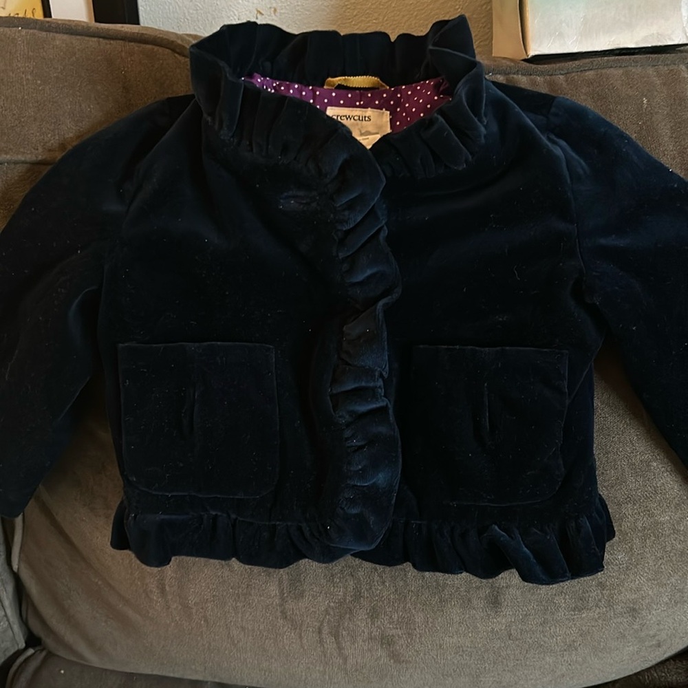 Crewcuts Adorable Navy Velvet Jacket Scalloped Neck and Hem Lined Jacket..Size:S